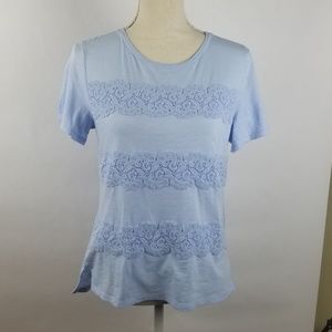 Loft Blue Top Short Slvs w Lace Across Front Sz S